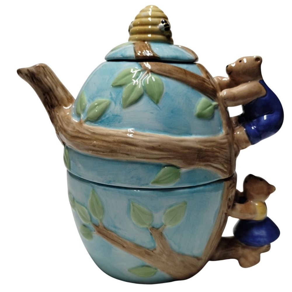 Vintage Bear Treehouse Teapot Teacup Set‎ Ceramic Blue Woodland Cottage